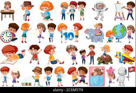 Large set of children doing different activities on white background illustration Stock Vector