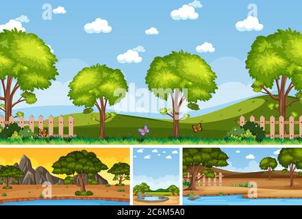 Four background different nature scenes with green trees in different times illustration Stock Vector