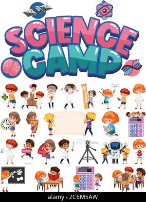 Science camp logo and set of children with education objects isolated illustration Stock Vector