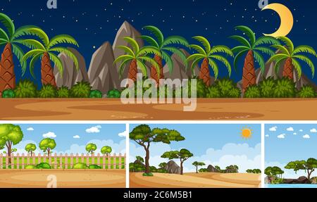 Four background different nature scenes with green trees in different times illustration Stock Vector