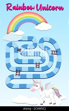 Rainbow unicorn board game template for preschool kids illustration Stock Vector