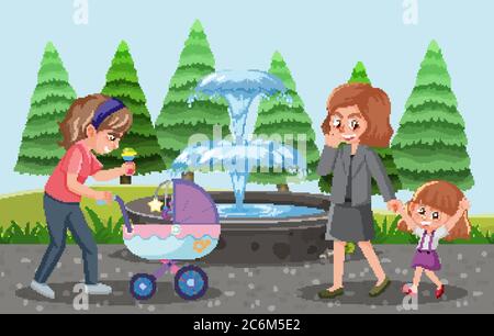 Parents take their children and baby stroller to the park cartoon style illustration Stock Vector