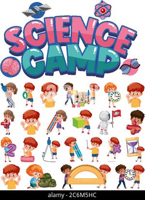 Science camp logo and set of children with education objects isolated illustration Stock Vector