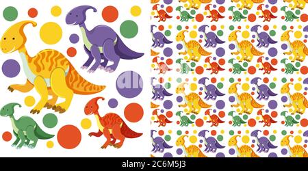 Seamless and group of cute dinosaurs isolated on white background illustration Stock Vector