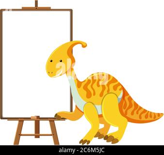 Yellow cute dinosaur with blank banner isolated on white background illustration Stock Vector