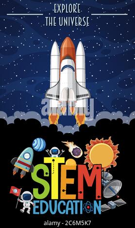 Stem education logo with explore the universe text and space objects illustration Stock Vector