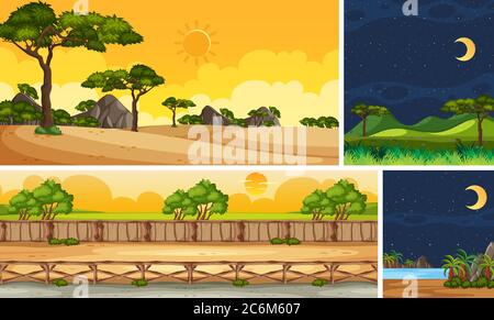 Four background different nature scenes with green trees in different times illustration Stock Vector