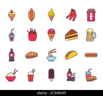 sausages line and fill style icon design, fast food eat restaurant menu ...