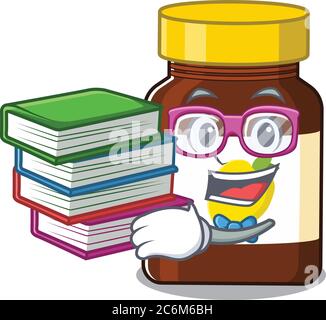 A diligent student in bottle vitamin c mascot design concept read many books Stock Vector