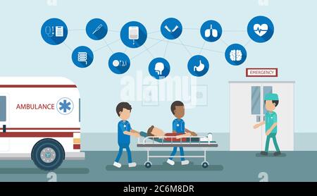 Emergency service concept with doctor and injured patient in bed flat design vector illustration Stock Vector