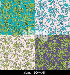 4 Floral seamless patterns with leaves and berries. Hand drawn and digitized. Stock Vector