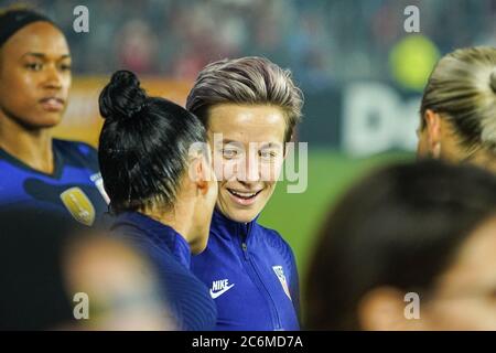 USWNT Player Megan Rapinoe speaking with teammate Carli Lloyd during the 2020 SheBelieves Cup at Exploria Stadium in Orlando Florida on Thursday March 5, 2020.  Photo Credit:  Marty Jean-Louis Stock Photo