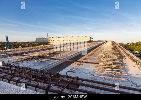 Rebar metal of bridge surface under construction with morning sun Stock Photo