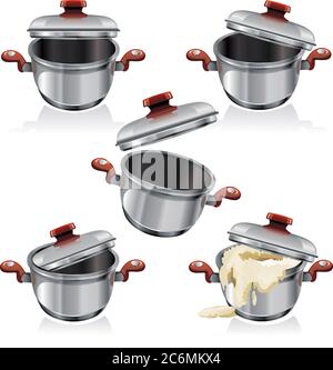 Realistic vector steel saucepan, isolated on white background Stock Vector