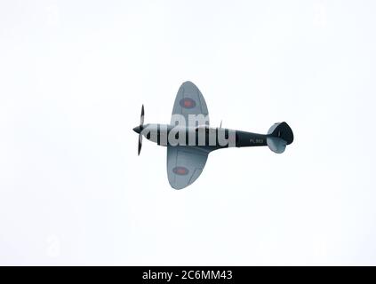 The NHS Spitfire plane does a flypast at Peterborough City Hospital, in appreciation of the work all NHS workers have done during the COVID-19 Coronavirus pandemic. Stock Photo