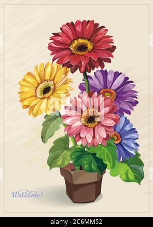 Spring flowers in brown pot Stock Vector