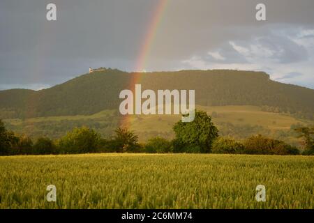 Beautiful rainbow shines in the sunlight. Green wheat field in the foreground. In the background large hills with Teck Castle. Germany Stock Photo