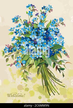 Beautiful floral greeting card or template for design with bouquet of blossoming Forget-me-not flower Stock Vector