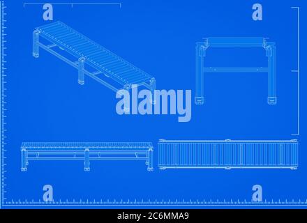 3d rendering conveyor line blueprint with scale on blue background Stock Photo