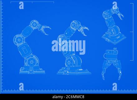 3d rendering robotic arm blueprint with scale on blue background Stock Photo