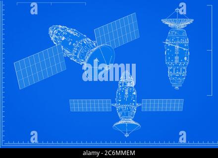 3d rendering satellite dish blueprint with scale on blue background Stock Photo