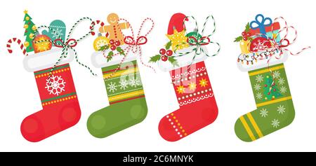 Set of vector Christmas socks in red andd green colors with various patterns. Christmas stocking collection Stock Vector