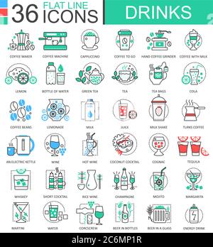 Vector drinks flat line outline icons for apps and web design. Drink icon Stock Vector