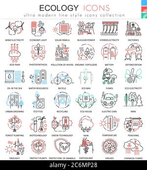 Vector Ecology color line outline icons for apps and web design. Ecology technology elements icons Stock Vector