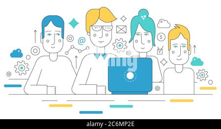 Creative team working together. Human resources coworking and career flat line concept. Website header banner elements layout. Presentation, flyer and poster Stock Vector