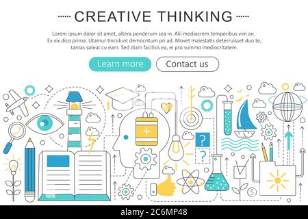 Vector elegant thin flat line Creative thinking concept. Website header banner elements layout. Presentation, flyer and poster. Creative idea Stock Vector