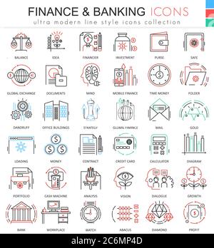 Vector finance and banking ultra modern color outline line icons for apps and web design. Finance money icons set Stock Vector