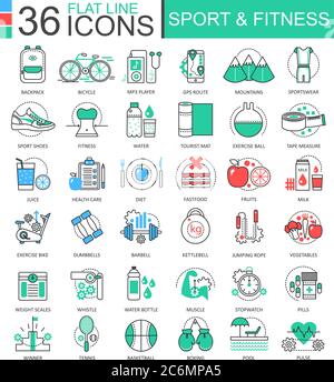 Vector Sport and Fitness modern color flat line outline icons for apps and web design Stock Vector
