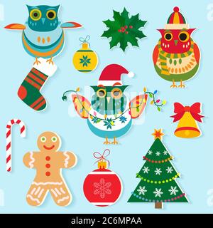 Christmas icons, flat color design. New year elements, objects, holiday decoration. Christmas toys Stock Vector