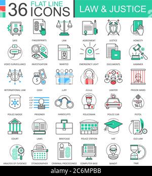 Vector Law and justice color flat line outline icons for apps and web design. Justice elements Stock Vector