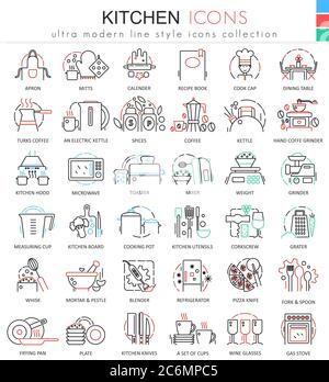 Vector Kitchen color flat line outline icons for apps and web design. Kitchen tools icons Stock Vector