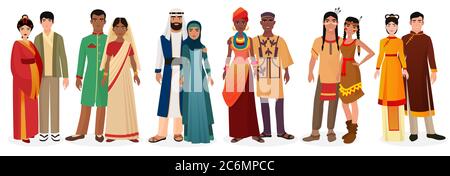 People in national traditional dress clothes. International couples. Native america, japan, china, muslim arabian, india, africa people together set Stock Vector