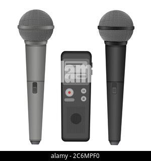 Microphone and dictaphone vector flat icons illustration. Audio technology equipment. Microphone sound and hand recorder Stock Vector