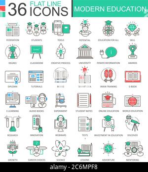 Vector Modern education color flat line outline icons for apps and web design. Internet education icons Stock Vector