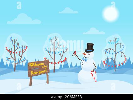 Greeting Christmas card, snowman in the forest. Happy New Year holidays. Alone Snowman in the woods Stock Vector