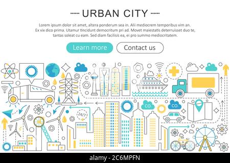 Vector modern line flat design Urban city concept. Urban modern smart city life icons Website Header, app design poster banner Stock Vector
