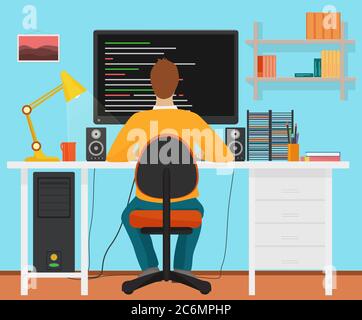 Man programmer back working on his PC computer. Coding and programming. Office interior programmer Stock Vector