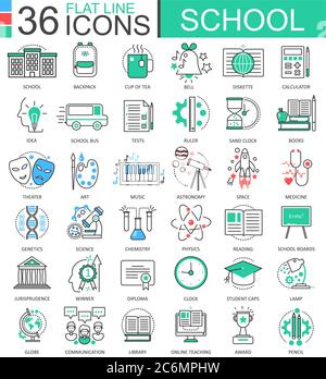 Vector School color flat line outline icons for apps and web design. School education tools icons Stock Vector