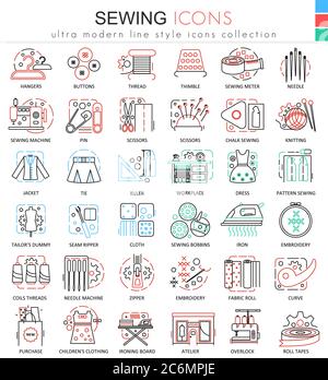 Vector Sewing color line outline icons for apps and web design. Sewing techmology elements icons Stock Vector