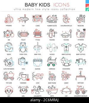 Vector Baby kids ultra modern outline line icons for apps and web design. Baby kids sybols for app and web Stock Vector