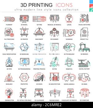 Vector 3d printing color line outline icons for apps and web design. Future 3d printing technology icons Stock Vector