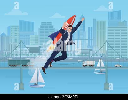 Businessman flying by the rocket on the modern city landscape background. Career Businessman rocket success business finance, growth and determination concept Stock Vector