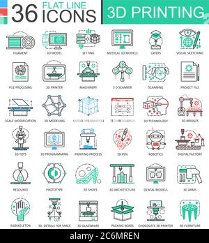 Vector 3D printing technology flat line outline icons for apps and web design. 3D printing icon Stock Vector