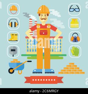 Architecture and Construction color flat concept with icons. Architect constructor cartoon builder man with icons tools. Engineering occupation Stock Vector