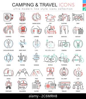 Vector camping nature adventure ultra modern color outline line icons for apps and web design Stock Vector