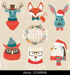 Christmas cute forest animals heads logo set. Vector modern fashionable animals in clothes Stock Vector